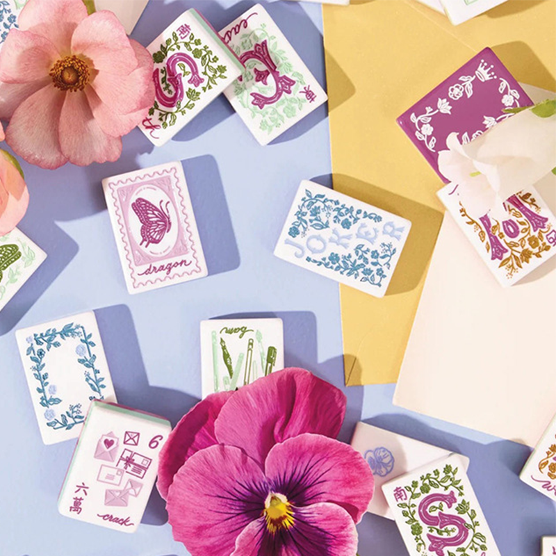 Customizable Floral Printed Durable Acrylic American Mahjong OEM ODM Creative Pattern Board Game Full Mahjong Set Entertainment