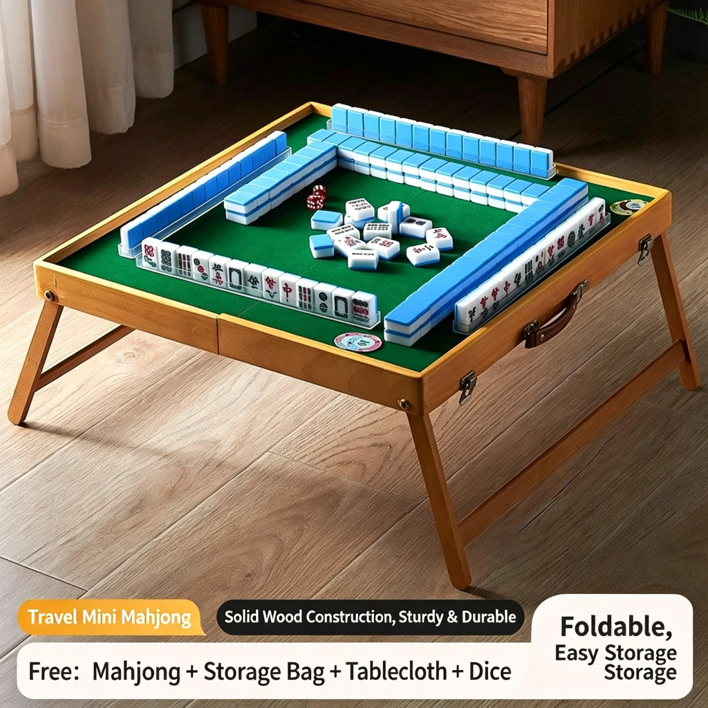 Factory Direct Sales Outdoor Portable Foldable Mahjong Table Set Handheld Solid Wood Tiles for Travel Camping Family Picnic