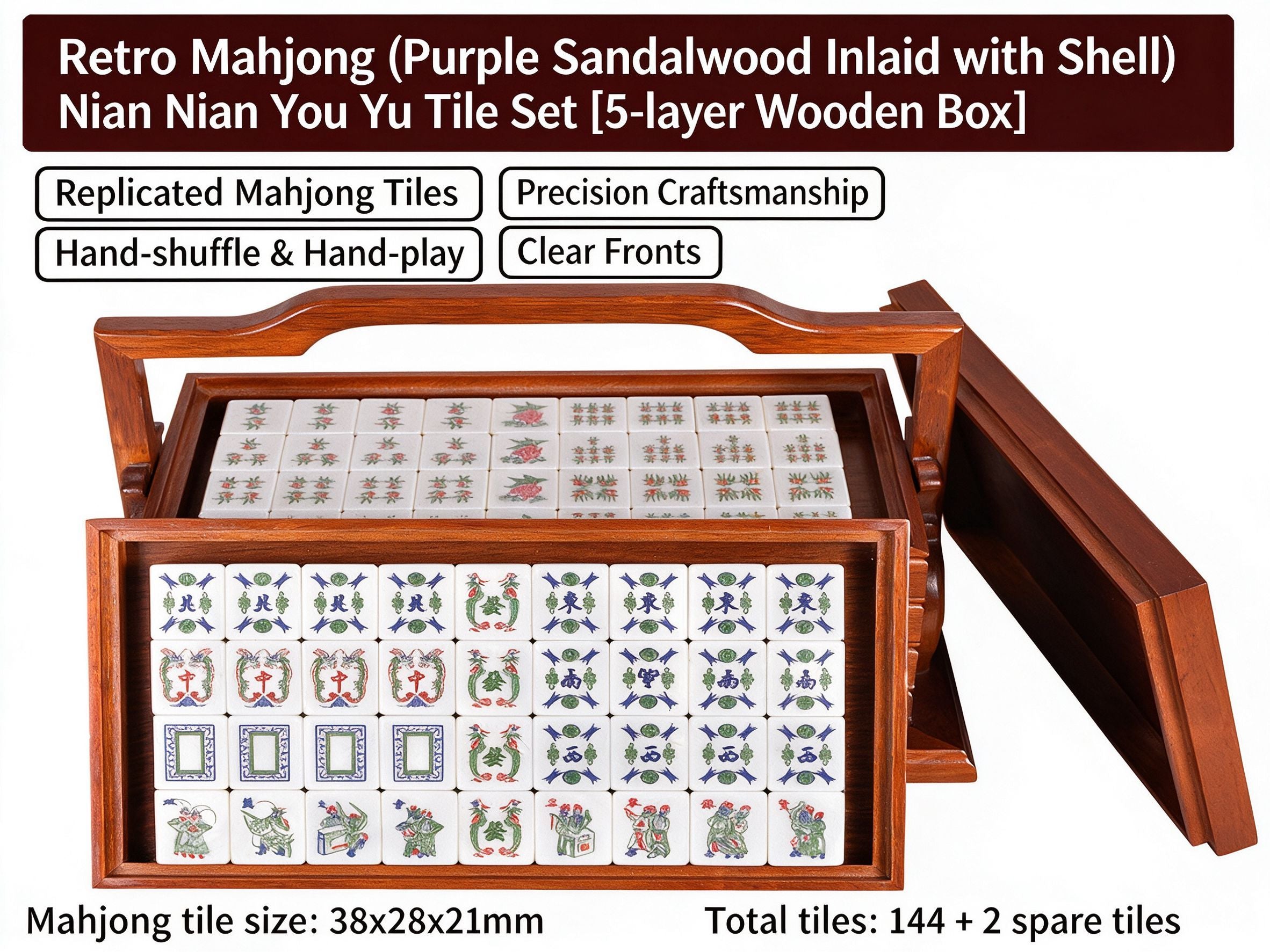 Factory ODM Wholesale High Grade Durable Portable Retro Palace Black Rosewood Shell Inlaid Mahjong Tiles Hand Rub Mahjong Set