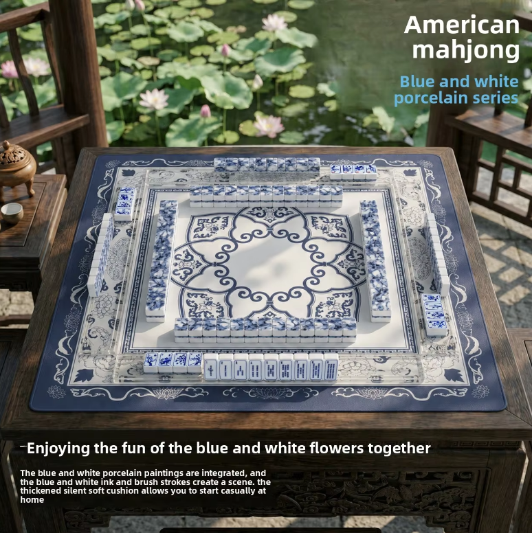 Factory Wholesale Chinese Style Blue and White Porcelain Mahjong Set Portable Mahjong Tiles for Family Leisure Collection Gift