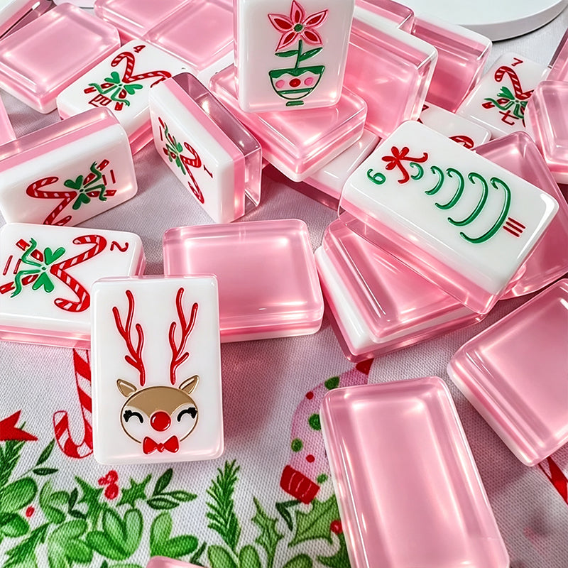 OEM Custom Print NMJL Compliant Christmas Cartoon Design Luxury Crystal Pink Acrylic US Mahjong Tiles Festive Holiday Gift