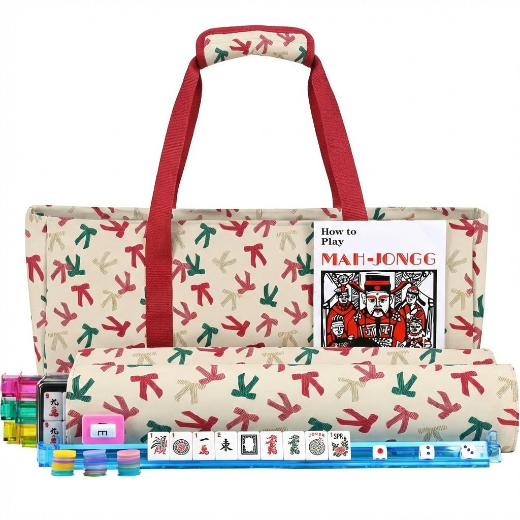 OEM ODM Color Custom Pattern Portable Handheld Mahjong Bag Complete Set With Storage Bag Mahjong Pusher and Mahjong Tiles