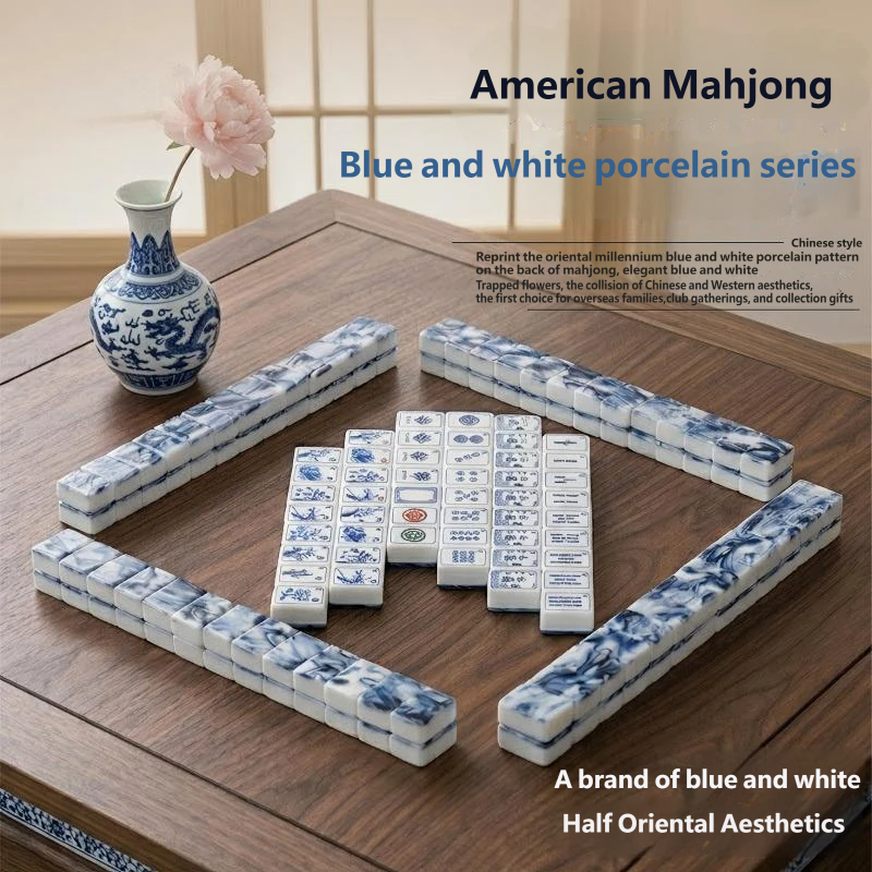 Wholesale Personalized Creative Chinese Blue White Acrylic Mahjong Set Matching Portable Anti-slip Soft Entertainment